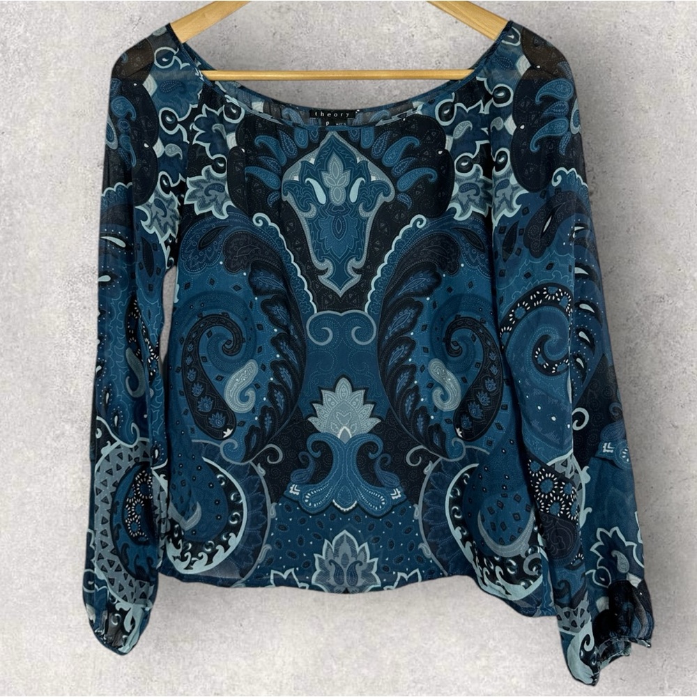 Theory 100% Silk Blue Printed Bohemian Blouse Size P or XS Top Boho Semi Sheer